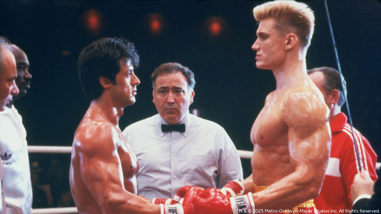 Rocky Balboa squares off against his Russian opponent, Ivan Drago in Rocky IV. 